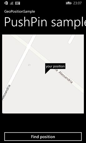 screen image PushPinSample after location research performed